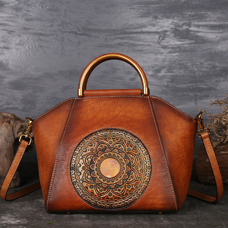 Women's Totem Embossed Leather First Layer Cowhide Handbags