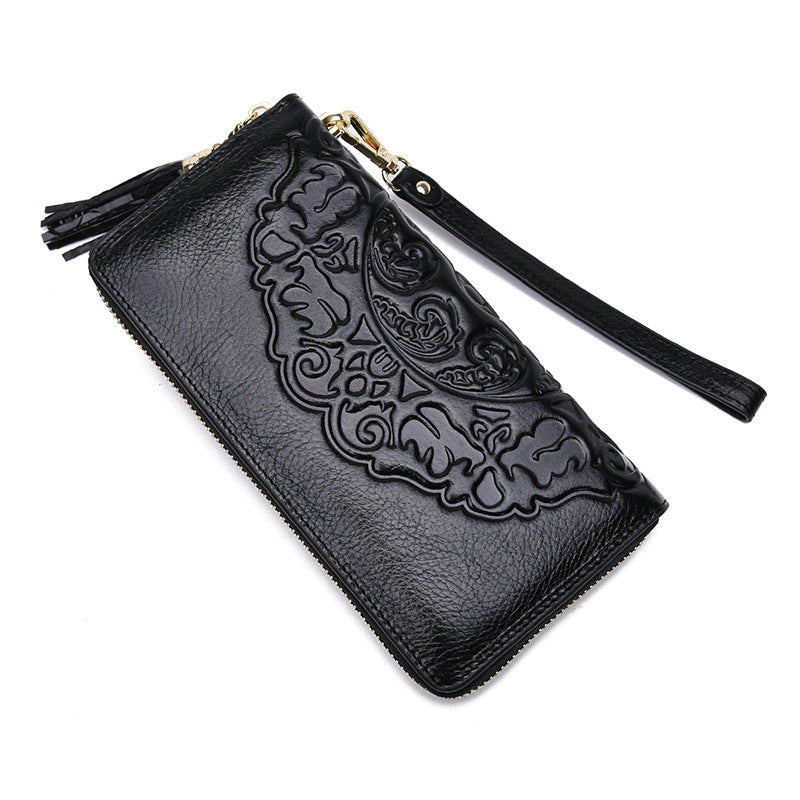 Women's Leather Retro Cowhide Long Chinese Style Multiple Ladies Wallets
