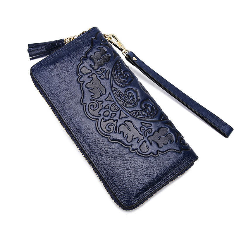 Women's Leather Retro Cowhide Long Chinese Style Multiple Ladies Wallets