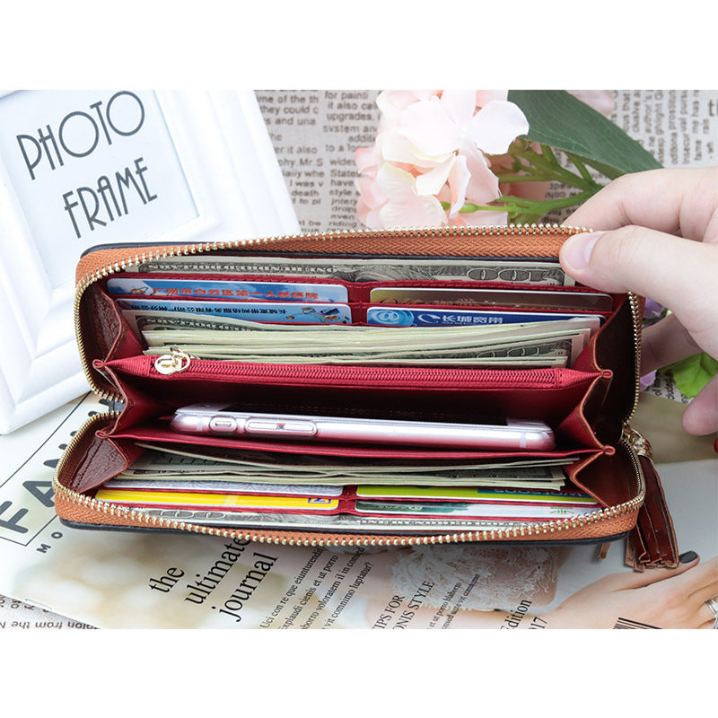 Women's Layer Oil Wax Skin Long Embossed Zipper Ladies Wallets