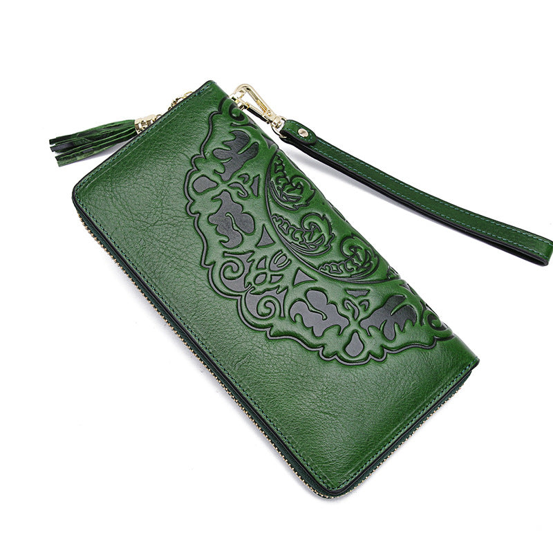 Women's Leather Retro Cowhide Long Chinese Style Multiple Ladies Wallets