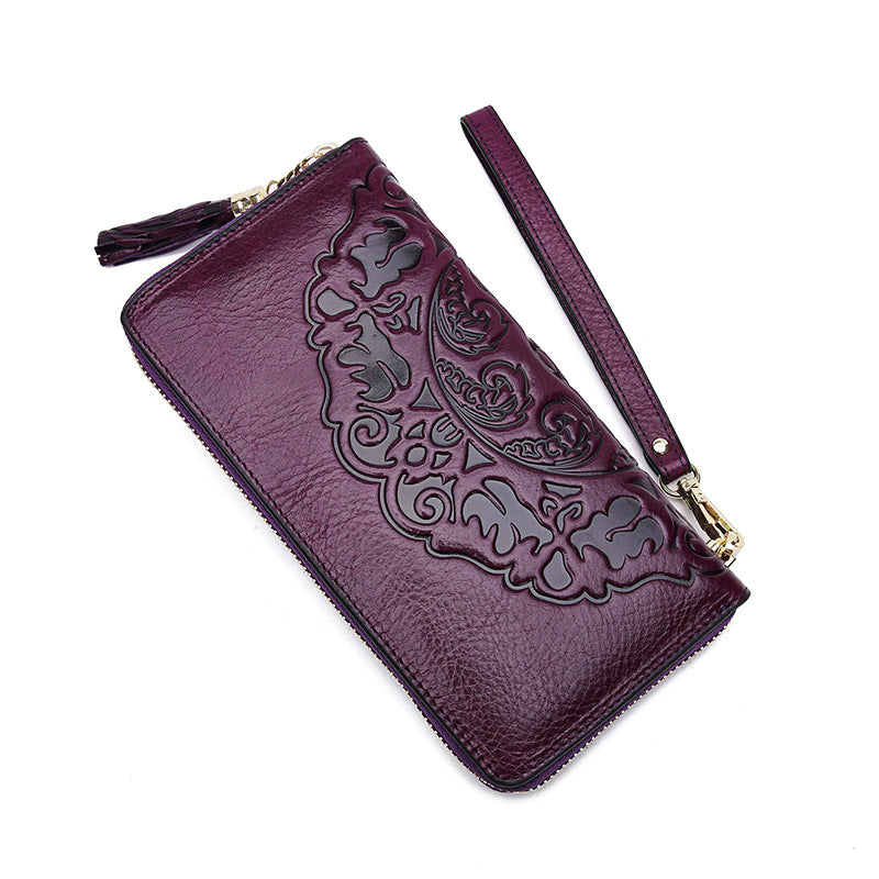 Women's Leather Retro Cowhide Long Chinese Style Multiple Ladies Wallets