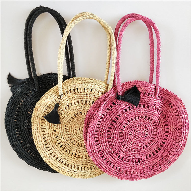 Women's Raffia Round Straw Portable Holiday Vacation Shoulder Bags