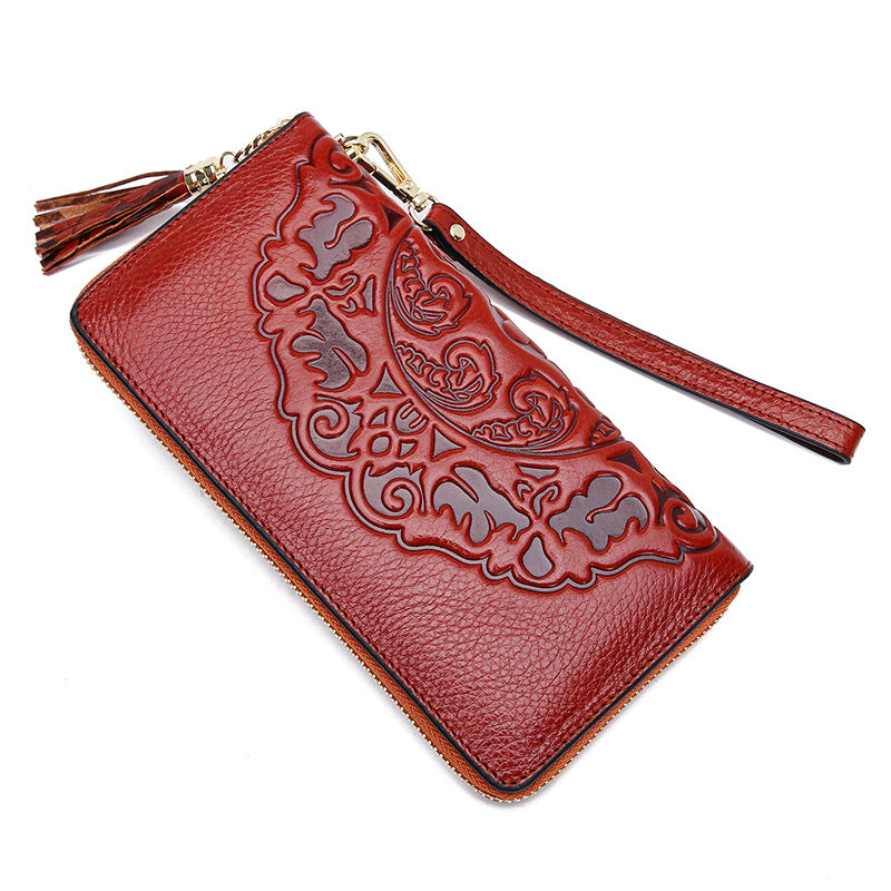 Women's Leather Retro Cowhide Long Chinese Style Multiple Ladies Wallets