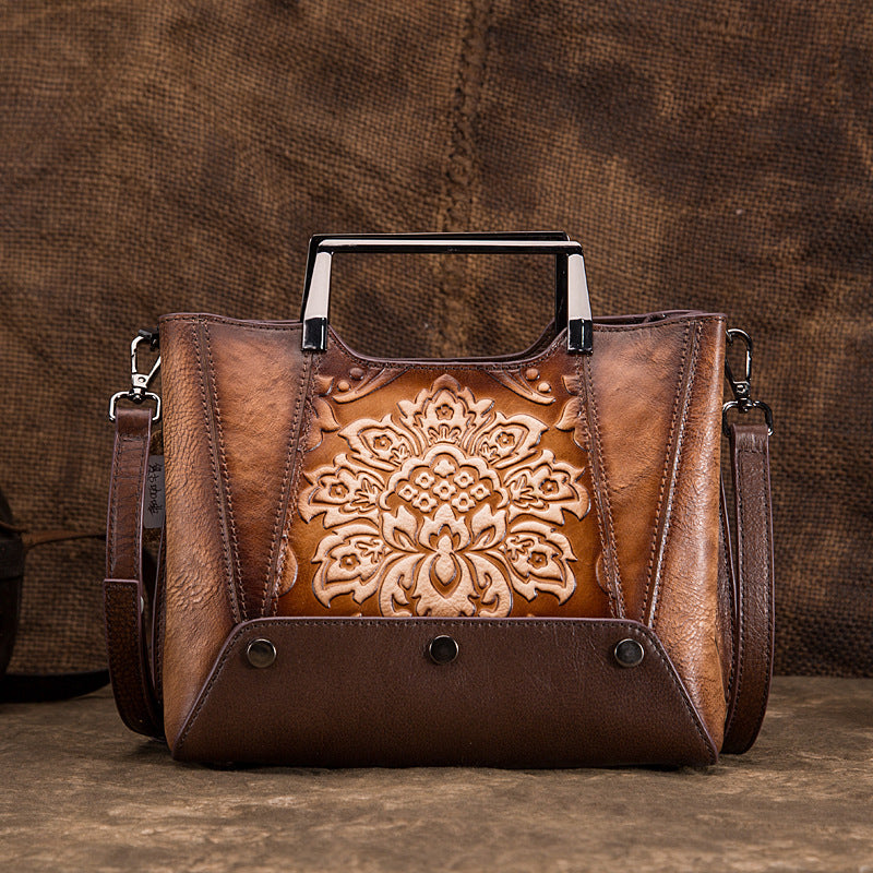 Women's Retro First Layer Cowhide Portable Female Embossed Hand-rub Handbags