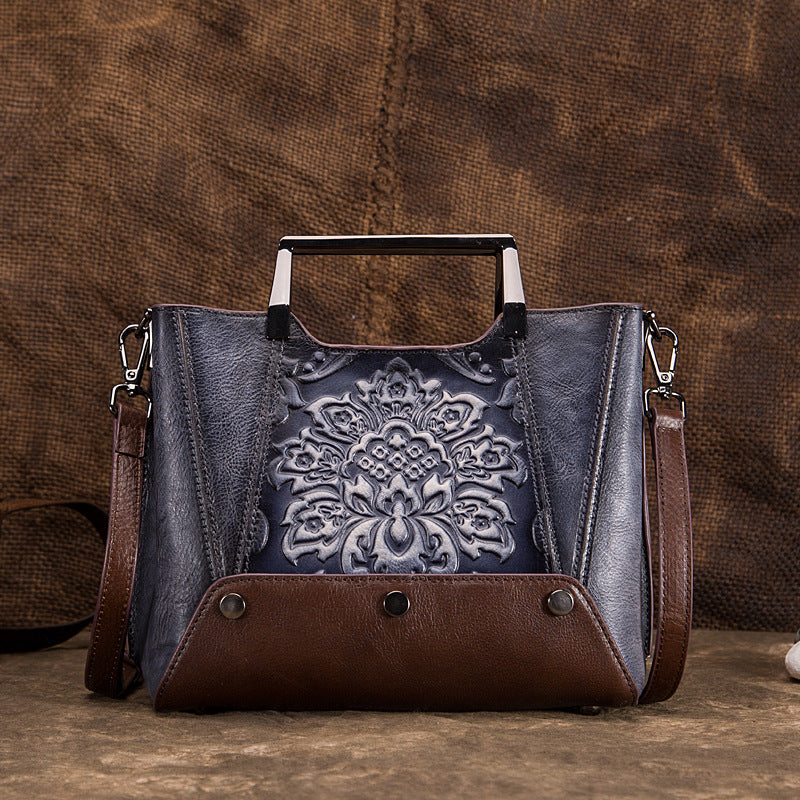 Women's Retro First Layer Cowhide Portable Female Embossed Hand-rub Handbags