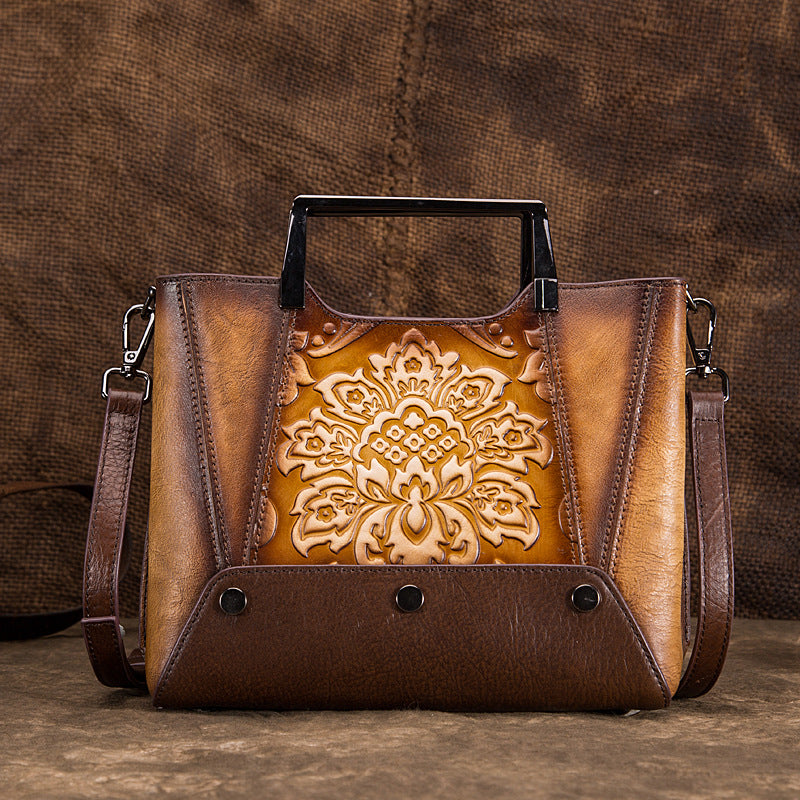 Women's Retro First Layer Cowhide Portable Female Embossed Hand-rub Handbags