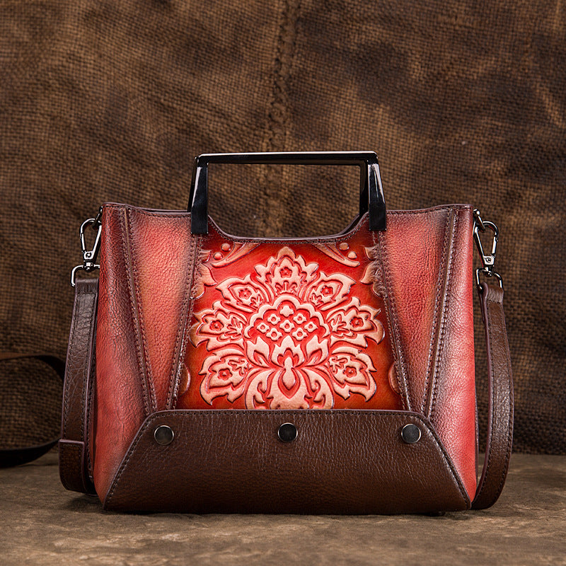 Women's Retro First Layer Cowhide Portable Female Embossed Hand-rub Handbags