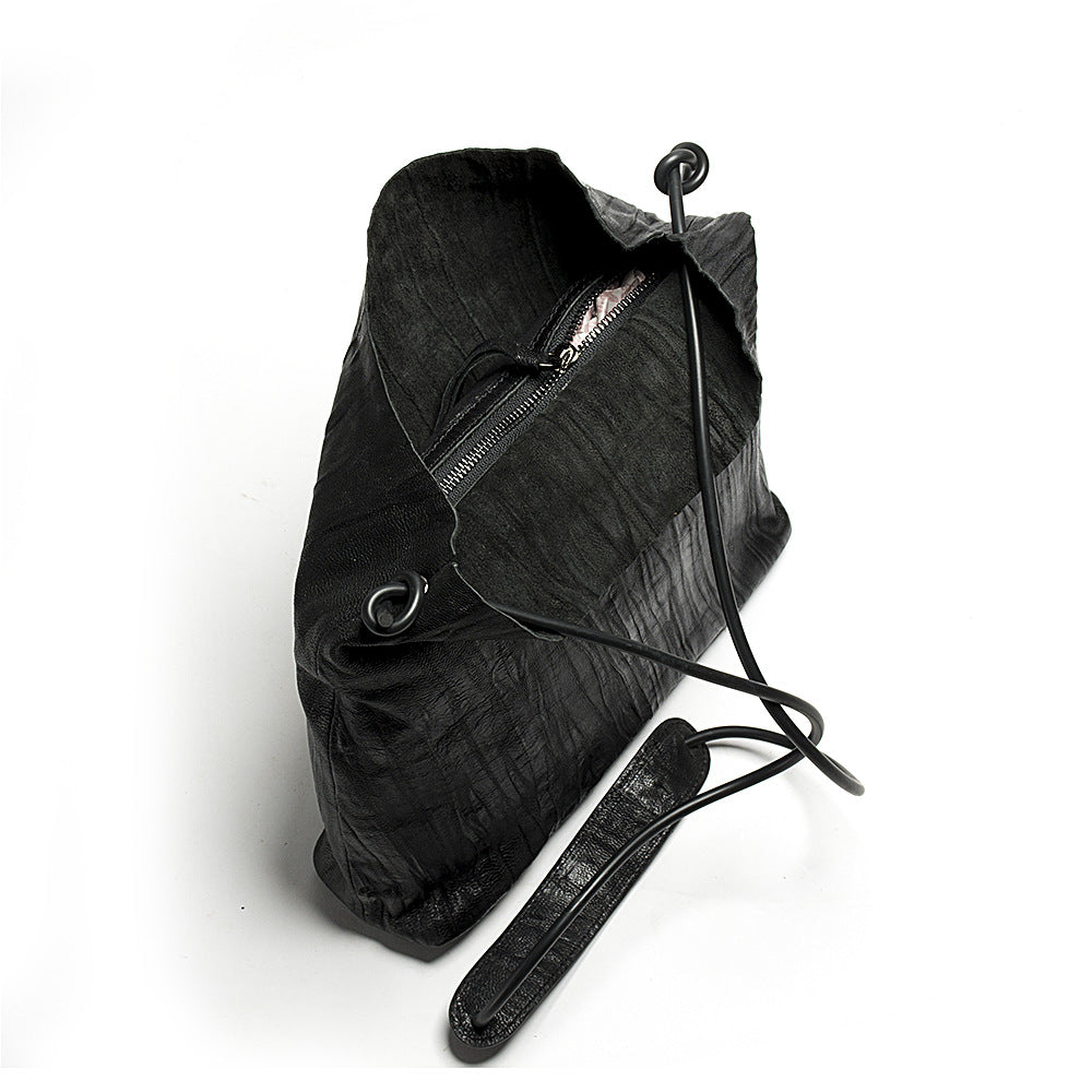 Women's Niche Personality Pleated Sheepskin Vintage Black Crossbody Bags