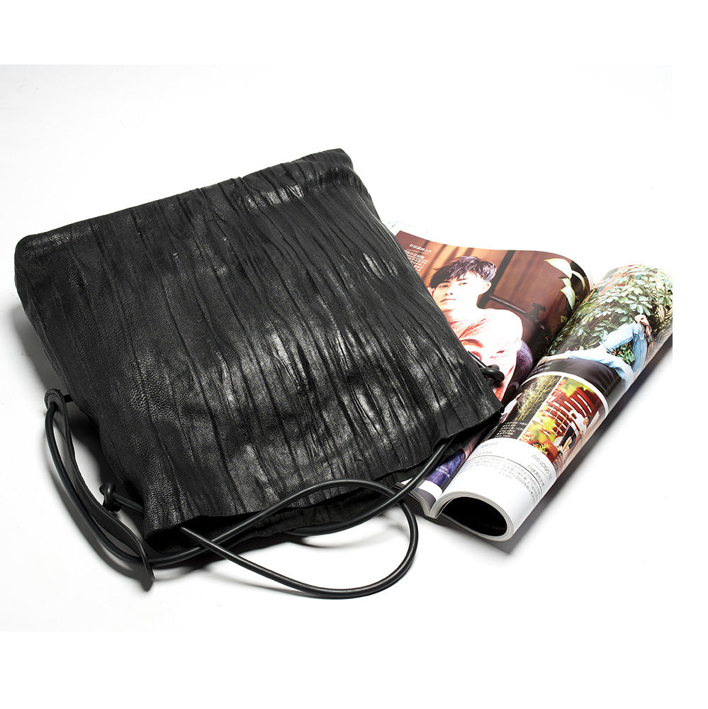 Women's Niche Personality Pleated Sheepskin Vintage Black Crossbody Bags