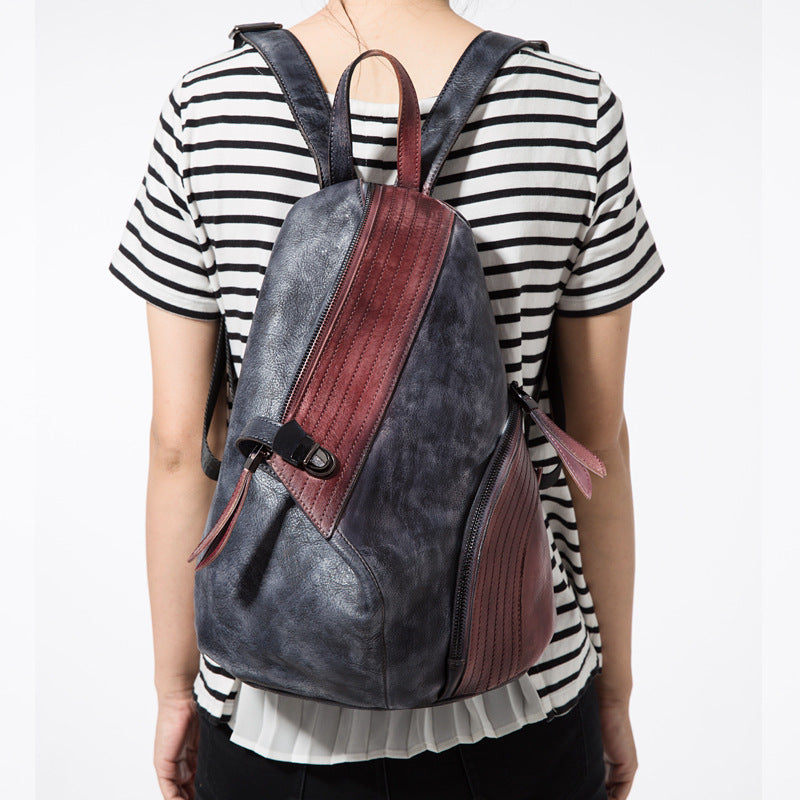 Women's First Layer Leather Female Contrast Color Backpacks