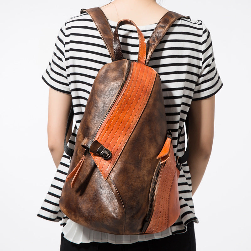 Women's First Layer Leather Female Contrast Color Backpacks