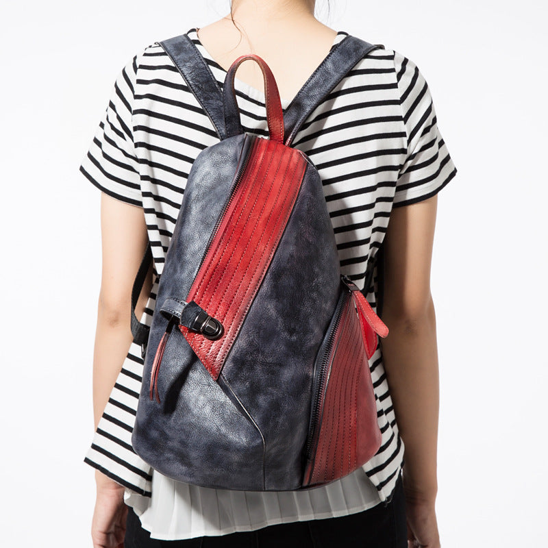 Women's First Layer Leather Female Contrast Color Backpacks