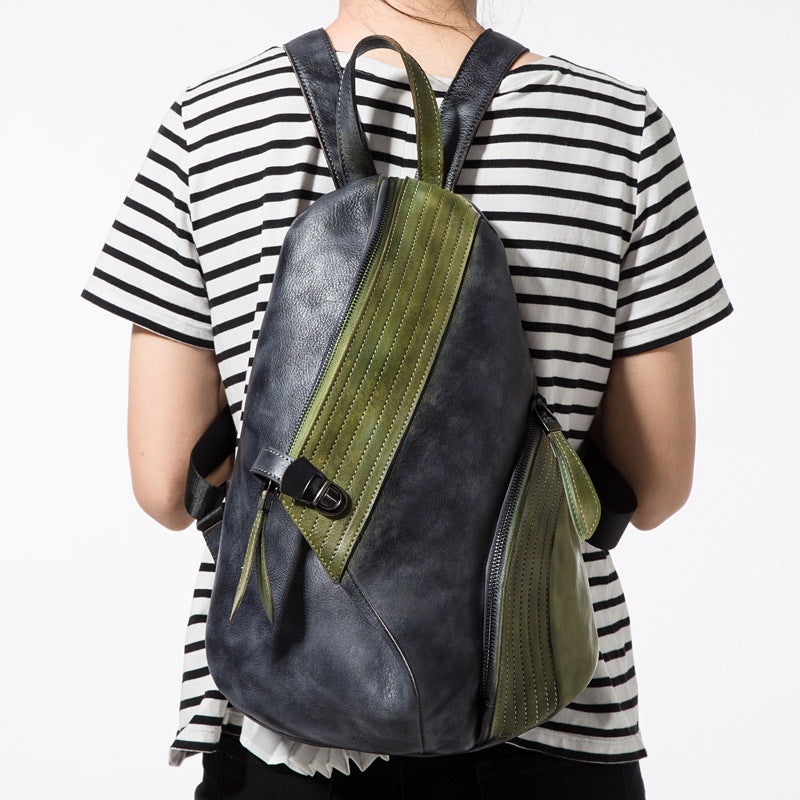 Women's First Layer Leather Female Contrast Color Backpacks