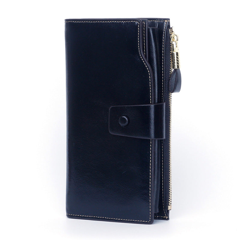 Women's Swiping Long Oil Wax Mobile Clutch Ladies Wallets