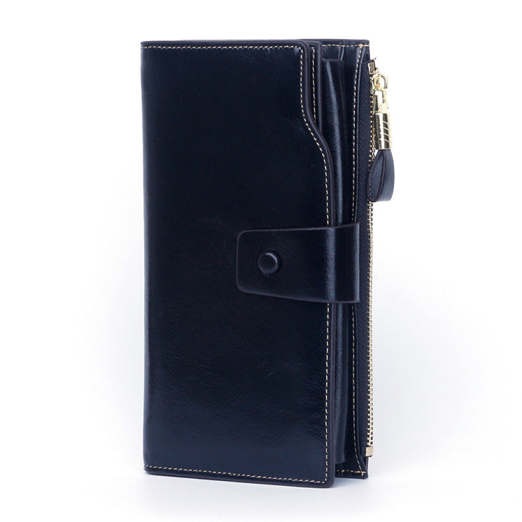Women's Swiping Long Oil Wax Mobile Clutch Ladies Wallets
