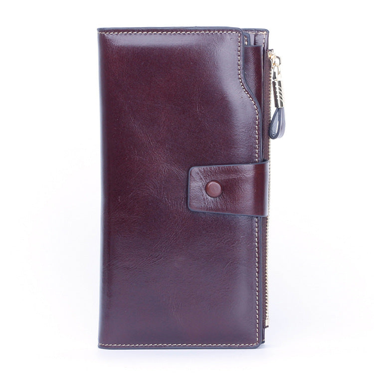 Women's Swiping Long Oil Wax Mobile Clutch Ladies Wallets