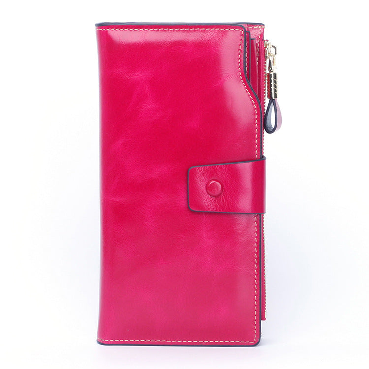 Women's Swiping Long Oil Wax Mobile Clutch Ladies Wallets