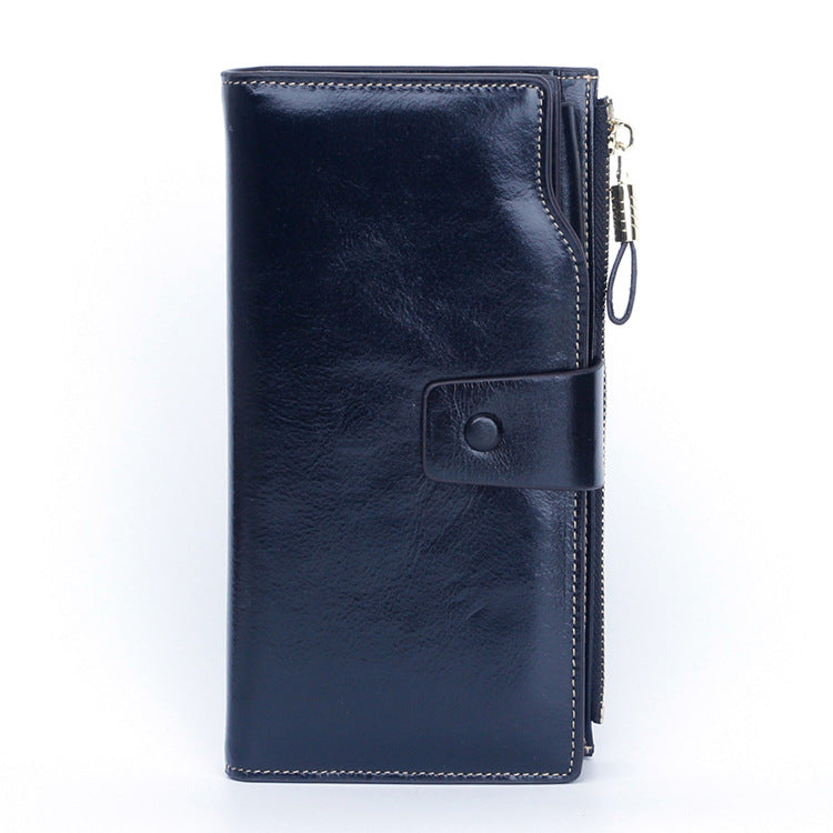 Women's Swiping Long Oil Wax Mobile Clutch Ladies Wallets