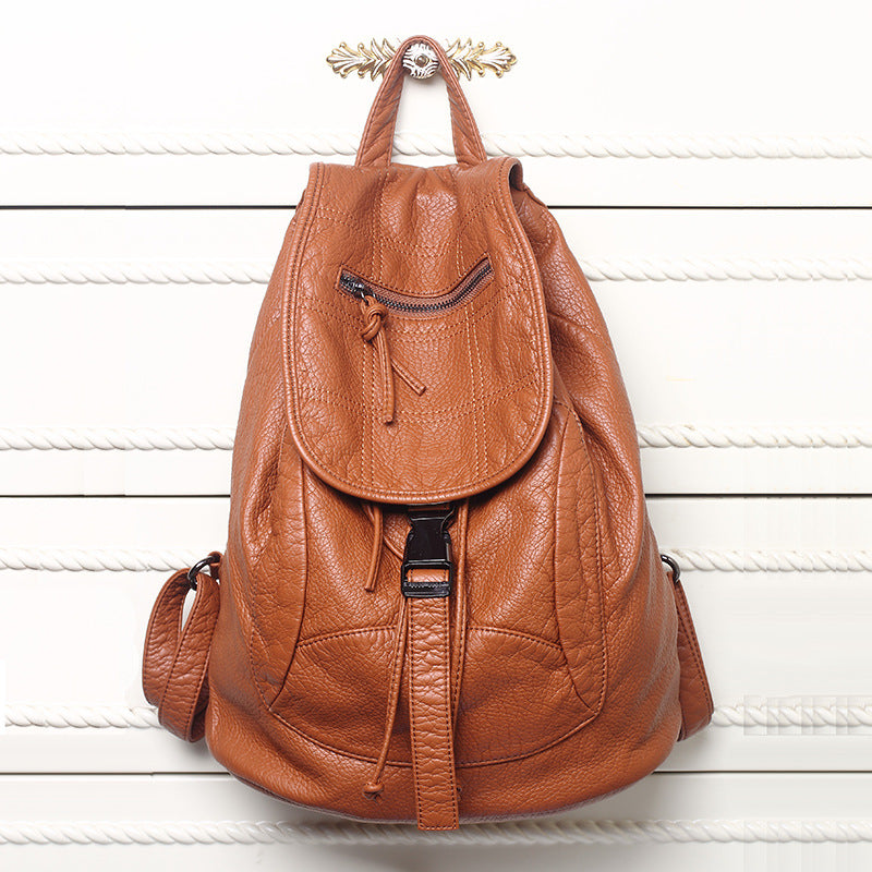 Women's Fashion Washed Soft Leather Sheepskin Pattern Large Capacity Leisure Backpacks