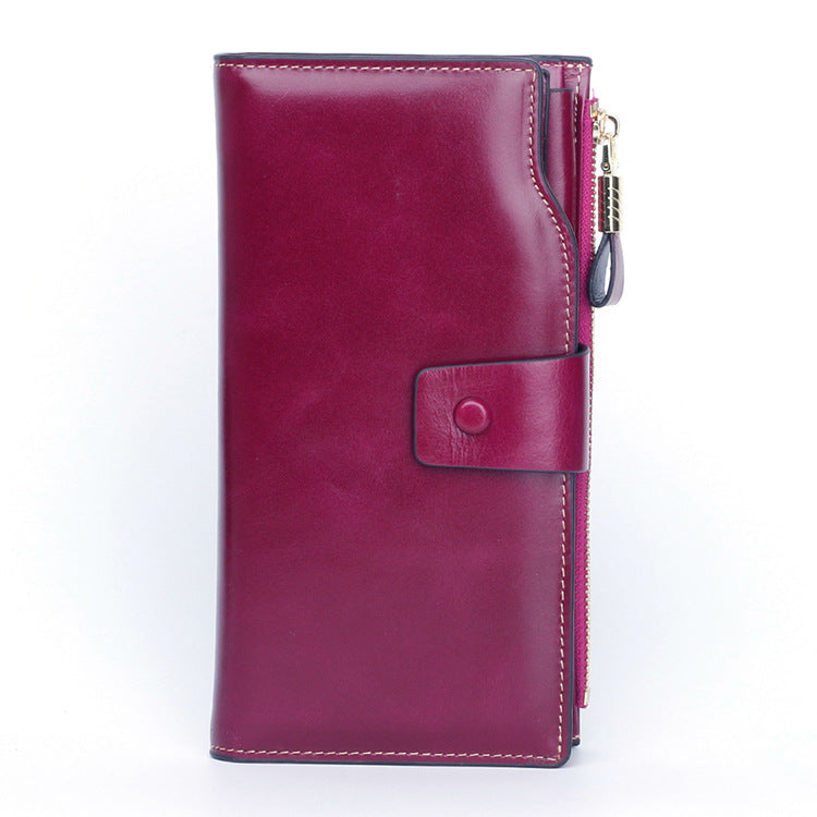Women's Swiping Long Oil Wax Mobile Clutch Ladies Wallets