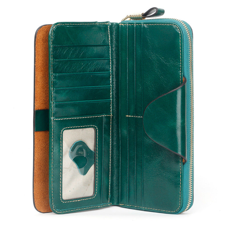 Leather Oil Wax Cowhide Korean Style Long Ladies Wallets