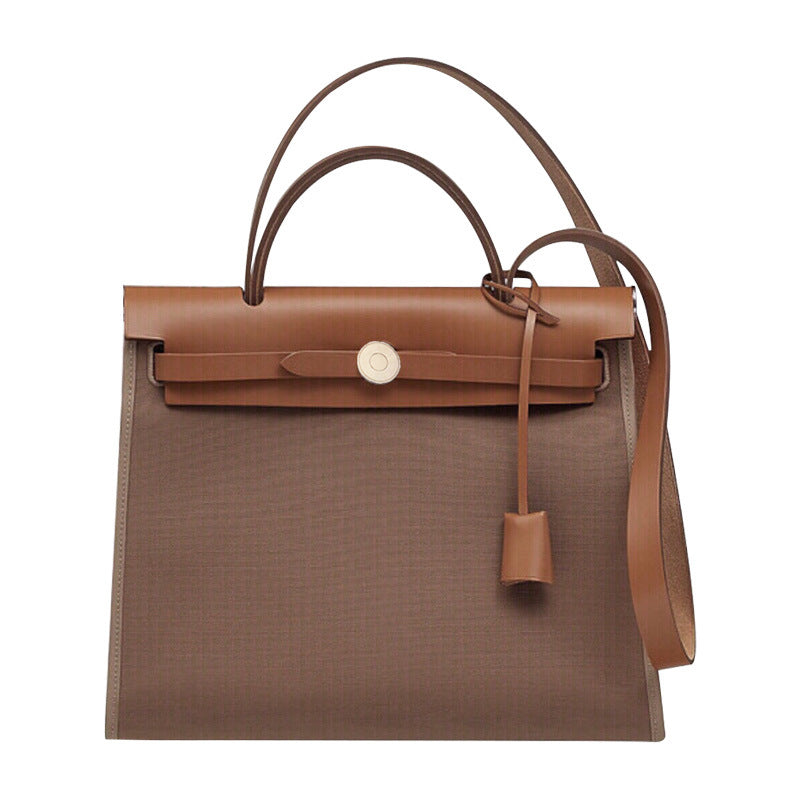 Women's Lady's Fashion Kelly Cowhide Stitching Canvas Shoulder Bags