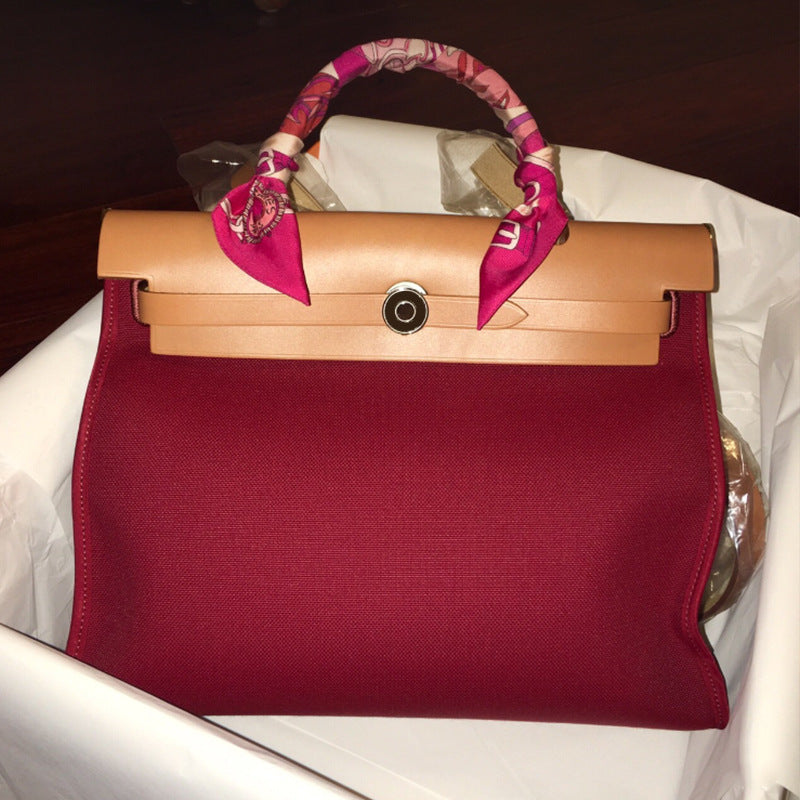 Women's Lady's Fashion Kelly Cowhide Stitching Canvas Shoulder Bags