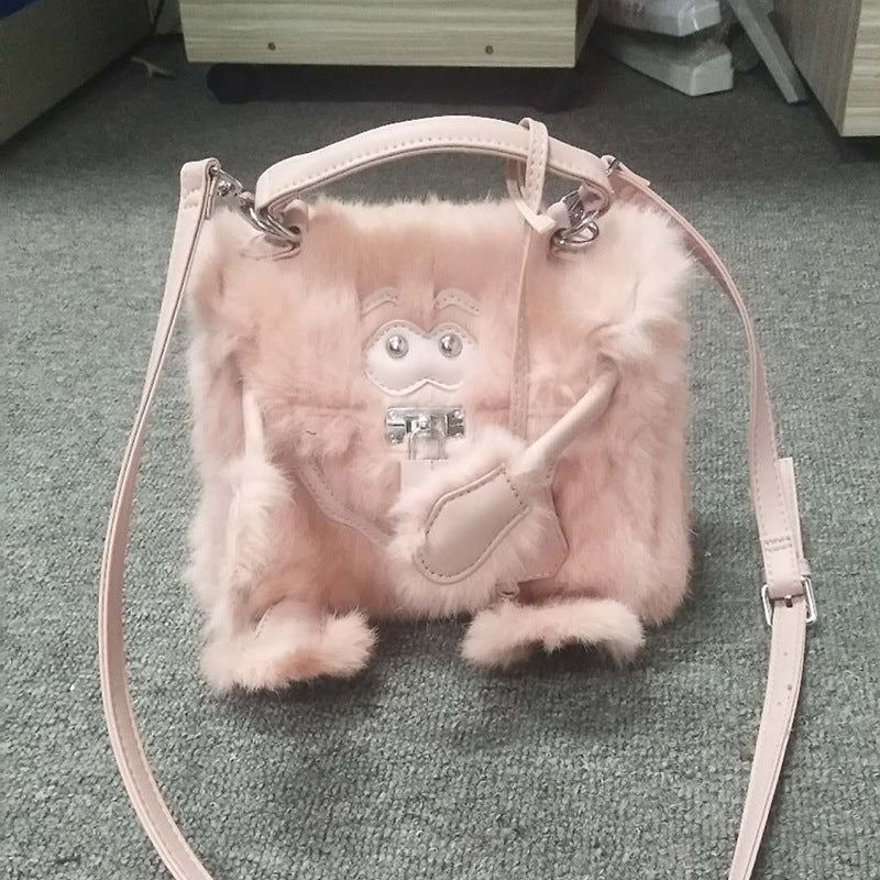 Women's Monster Eyes Smiley Face Eyebrow Real Rabbit Fur Handbags
