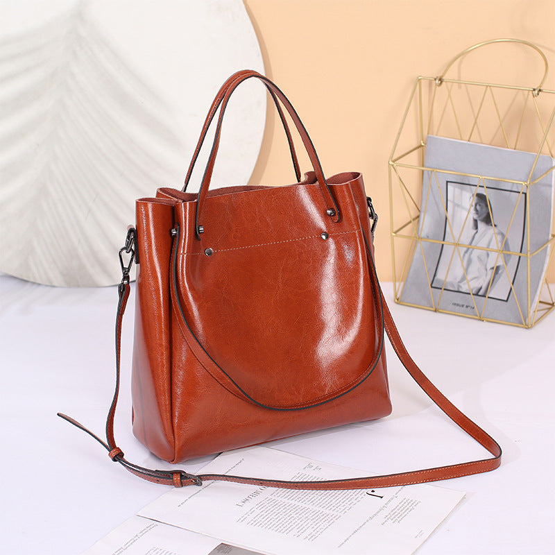Women's Genuine Leather Oil Wax Simple Big Handbags