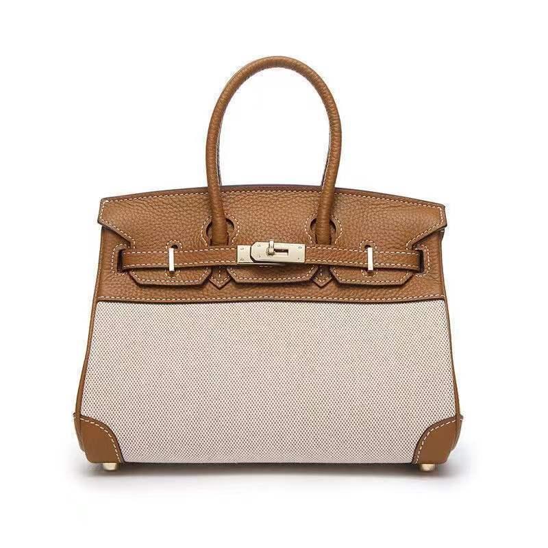 Women's Leather With Canvas Contrast Color Portable Handbags
