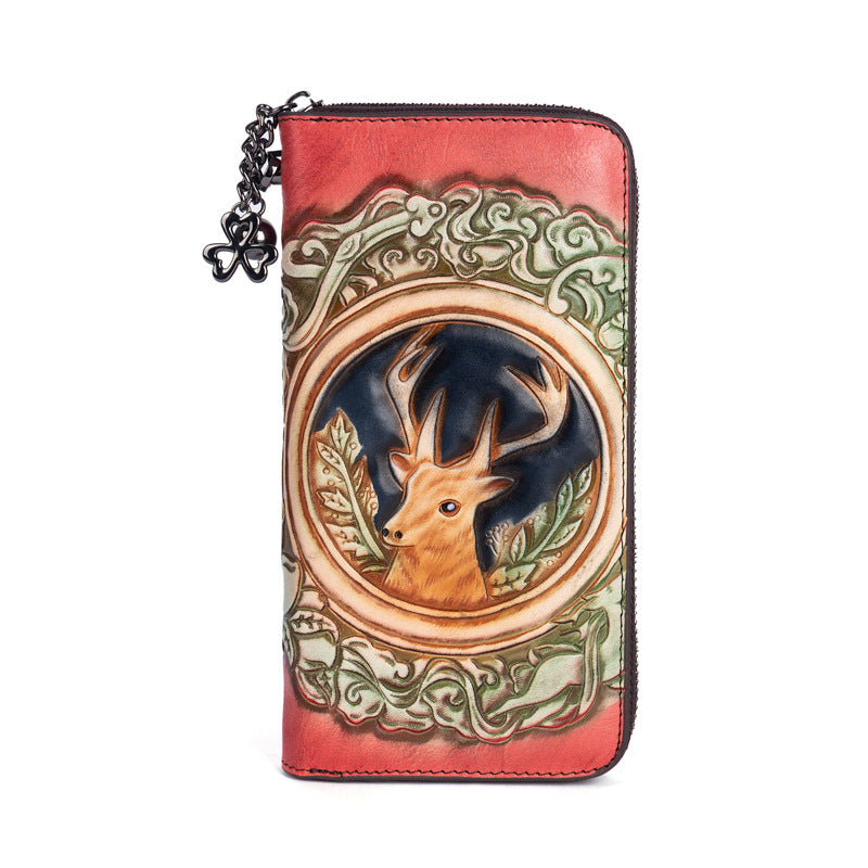 Women's Cowhide Live Broadcast Long Retro Deer Ladies Wallets