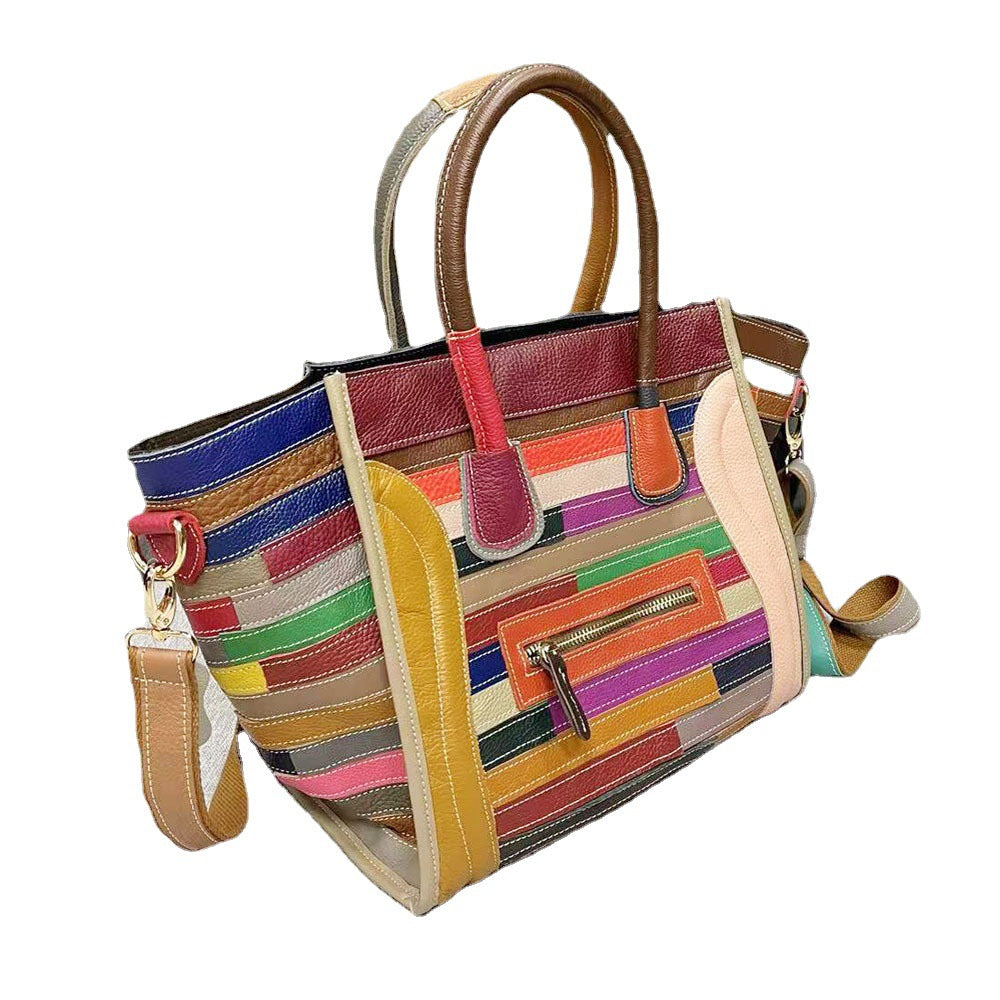 Women's Genuine Leather Cowhide Fan Real Stitching Smiling Handbags