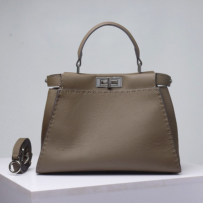 Lychee Pattern Metal Catch Genuine Leather Handbags