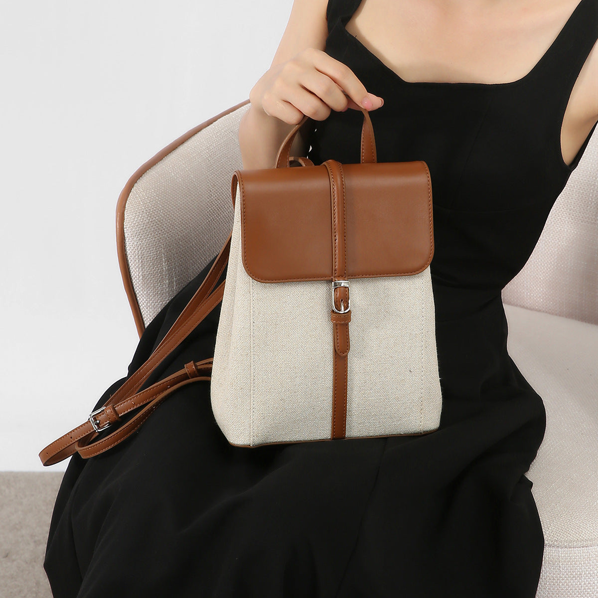 Summer Vacation Style Cowhide Linen French Loose Backpacks