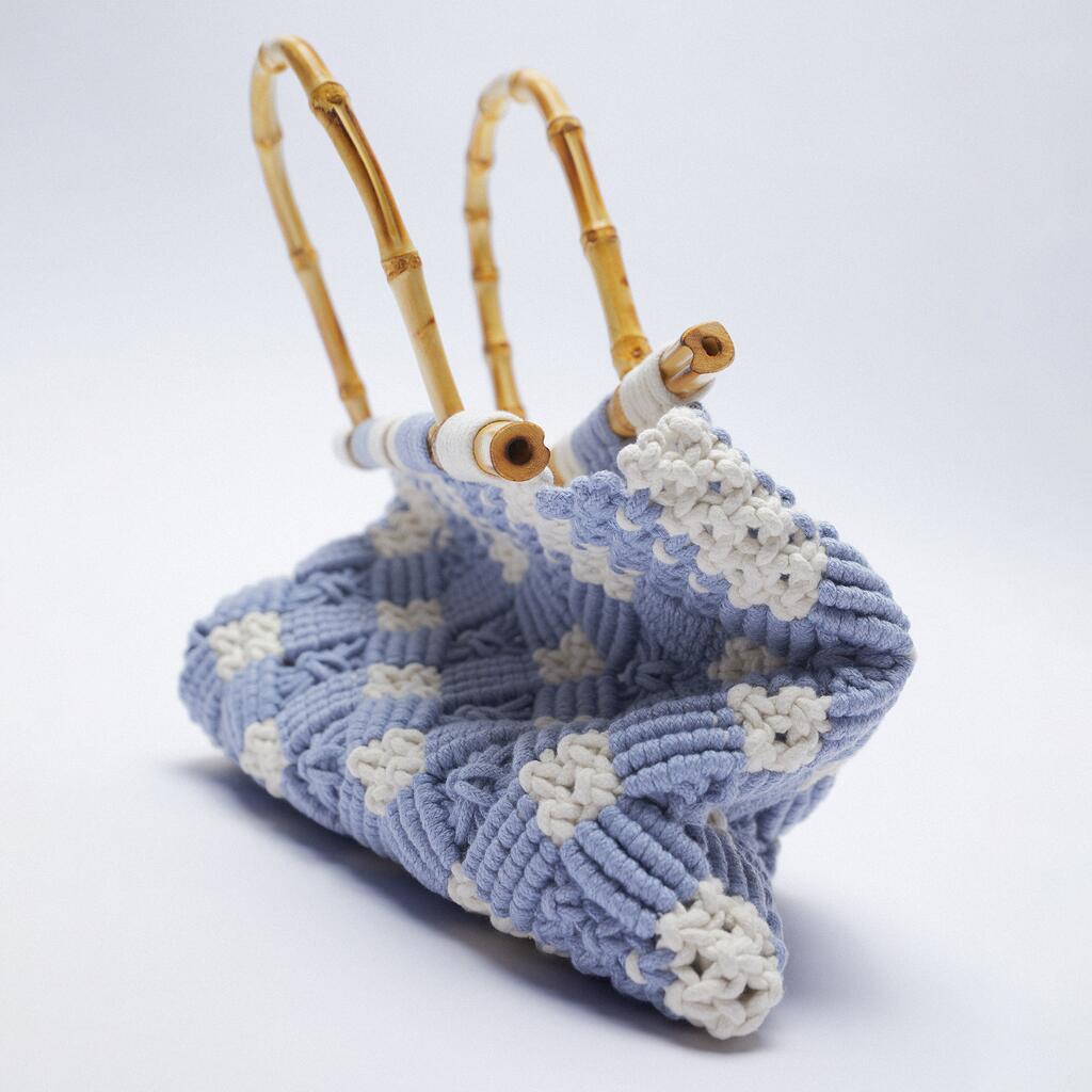 Women's Cotton Rope Braided Flower Bamboo Blue Handbags