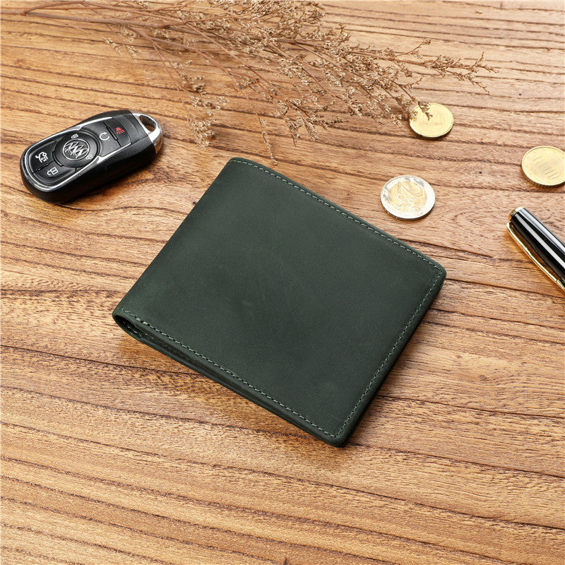 Men's Layer Cowhide Short Green Leather Driving License For Men's Wallets