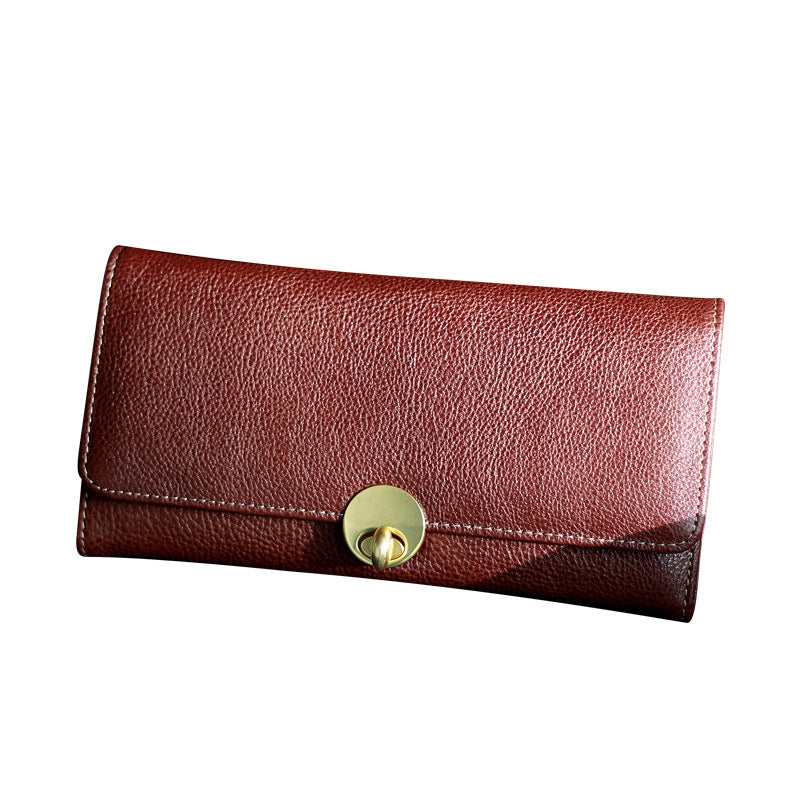 Women's Long Thin First Layer Cowhide Simple Lock