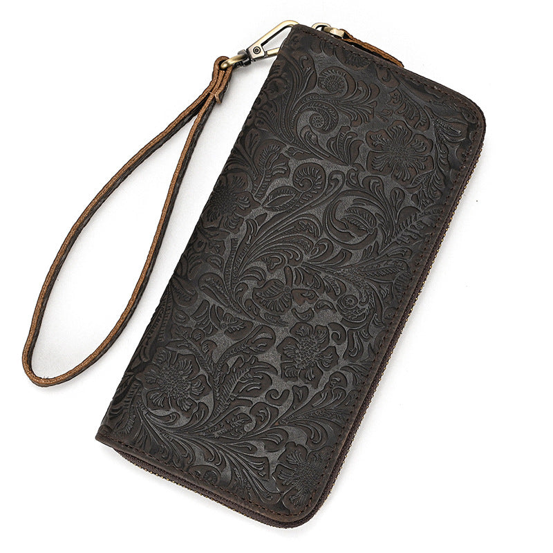 Horse Leather Long Retro Embossing Zipper With Hand Men's Wallets