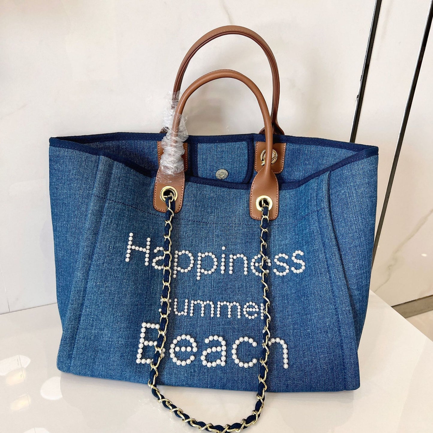 Women's With Leather Portable Chain Pearl Beach Shoulder Bags