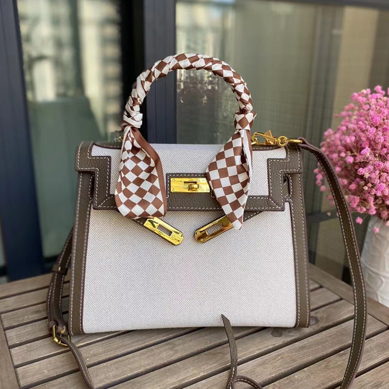 Women's Elegant Canvas With Contrast Color Leather Shoulder Bags
