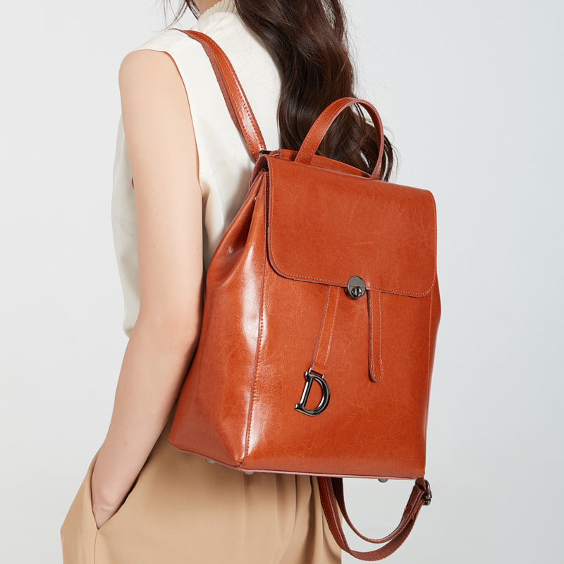 Women's Oil Wax Cowhide Leather Fashion Backpacks
