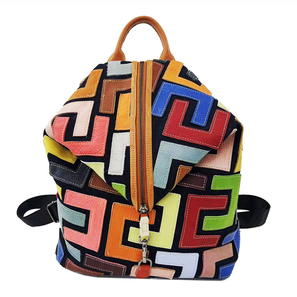 Women's Leather Color Cowhide Stitching Retro Backpacks