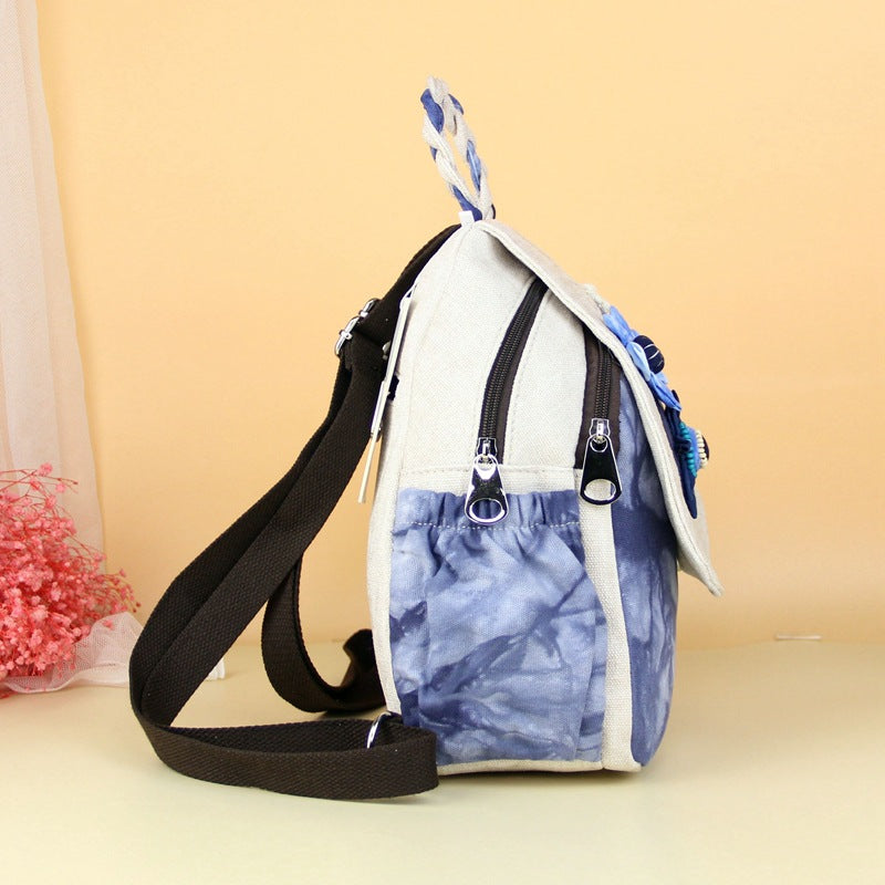 Women's Handmade Fabric Flower Double Layer Zipper Backpacks