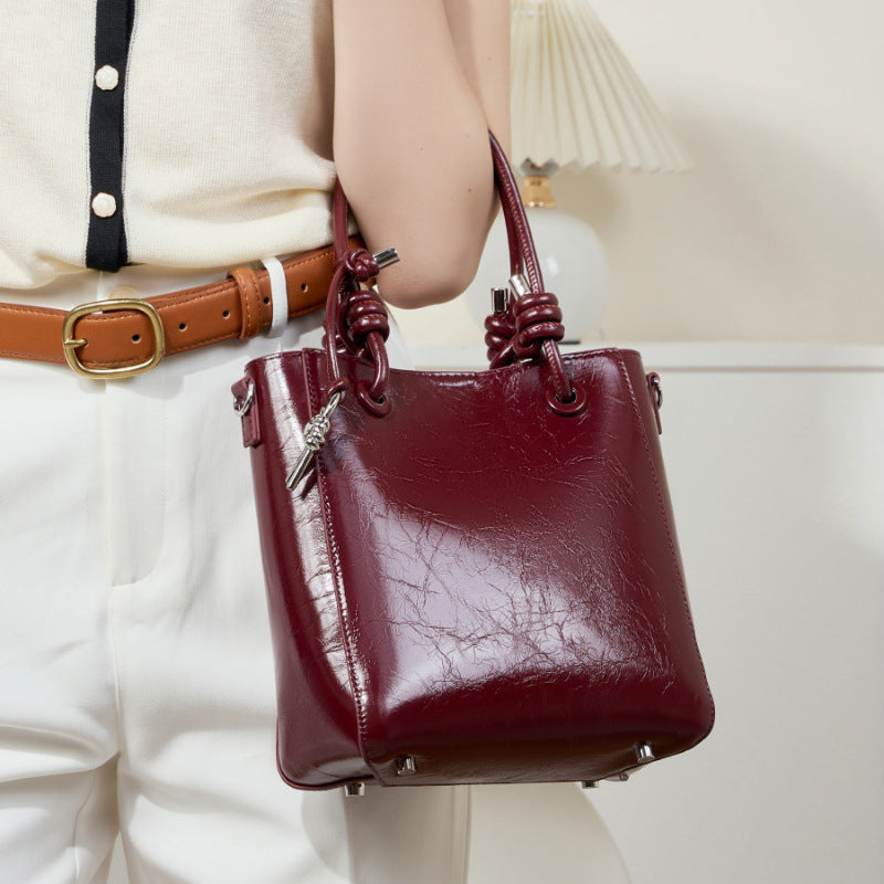 Women's Cowhide Burst Crack One Genuine Leather Hand-held Bucket Bags