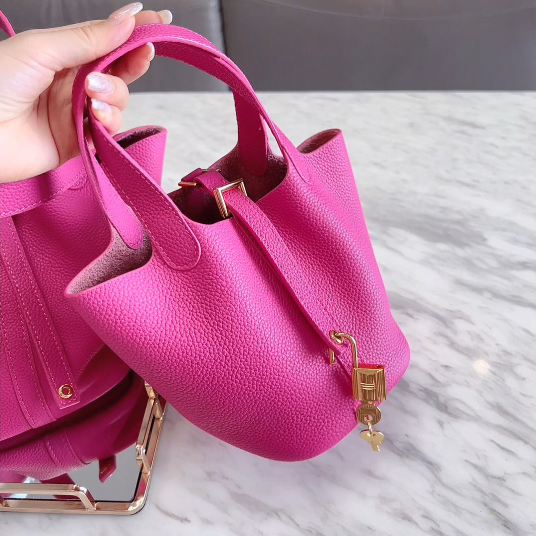 Women's Genuine Leather Vegetable Basket Rose Red Handbags