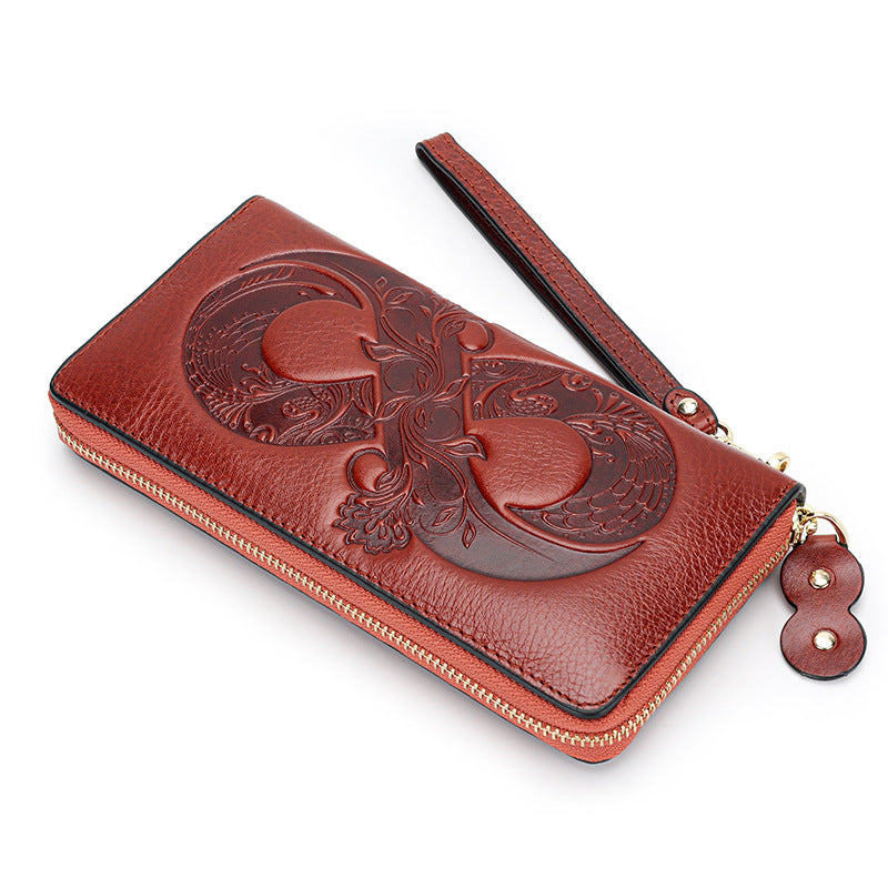 Women's Wax First Layer Cowhide Zipper Large Ladies Wallets