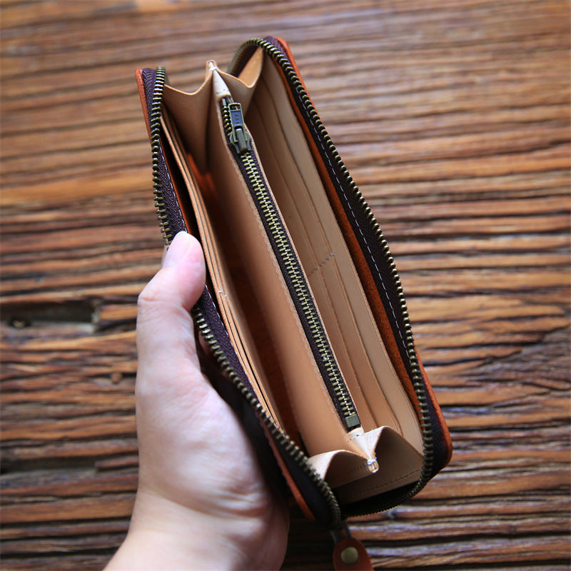 Women's & Men's Handmade Retro Long Genuine Leather Zipper First Layer Men's Wallets