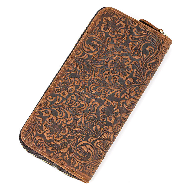Men's Crazy Horse Leather Retro Embossing Fashion Long Men's Wallets