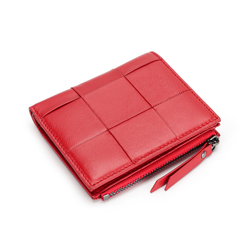 Women's Full Sheepskin Short Leather Hand-woven Folding Ladies Wallets
